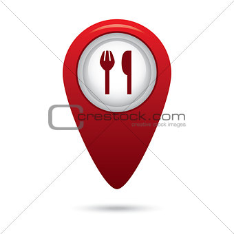 Red map pointer with fork and spoon icon