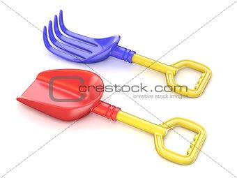 Plastic toy spade and rake. 3D