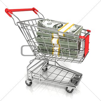 Money, dollar cash banknote, in trolley shopping cart. 3D