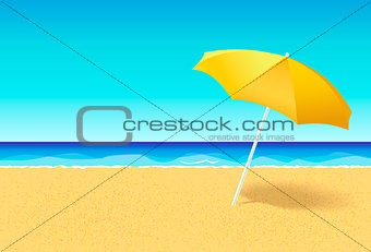 Beach umbrella on a deserted beach near ocean. Vacation flat vector concept. Empty beach without people with parasol and blue sky at sea background. Horizontal poster, banner or flyer for a holiday party with an empty space for text or ads.