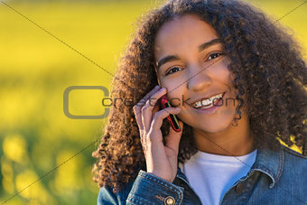 Mixed Race African American Girl Teenager Talking on Cell Phone