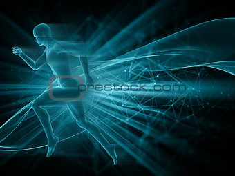 3D male figure running on abstract techno background