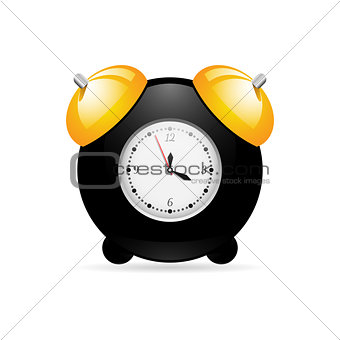 Black alarm clock on white background with gold bells.