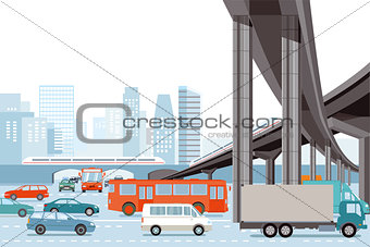 Road traffic in the city with elevated train, illustration