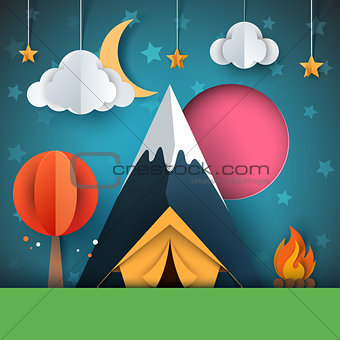 Cartoon paper landscape. Tree, mountain, fire, tent, moon, cloud star illustration.