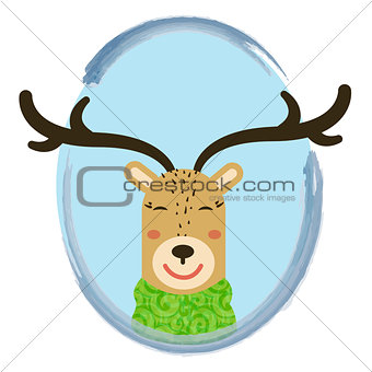 illustration of cute cartoon deer into circle frame