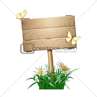 Summer wooden sign in green grass