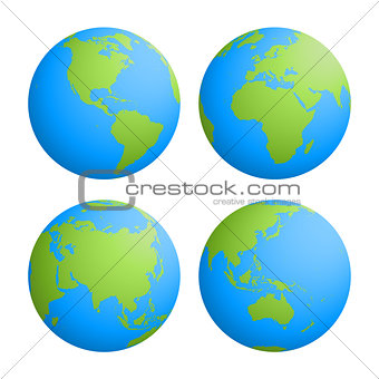 Set of four planet Earth globes with green land silhouette map on blue water background. 3D Vector illustration