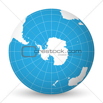 Earth globe with white world map and blue seas and oceans focused on Antarctica with South Pole. With thin white meridians and parallels. 3D vector illustration