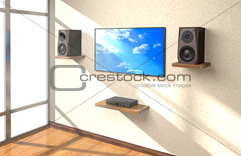 Sound equipment and TV in the room (3d illustration).