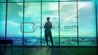 Silhouette of woman and corporate infographics