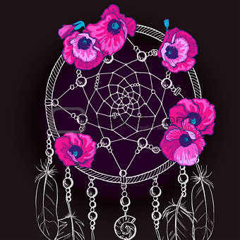 Hand drawn ornate Dream catcher with beautiful purple flowers on a black background. Vector illustration.
