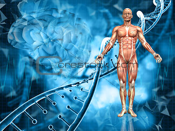 3D medical background with male figure, DNA strands and brain
