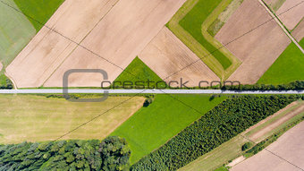 Farmland with road aerial drone top view