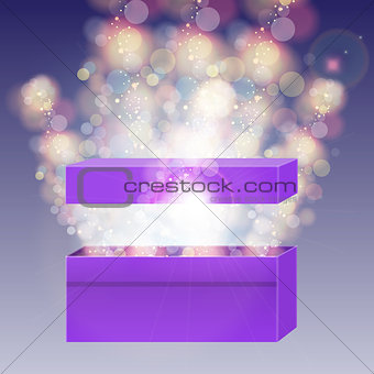 Opened violet gift box with and beam lights.
