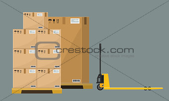Different Boxes on wooded pallet vector illustration, flat and solid style warehouse cardboard parcel boxes stack front view.