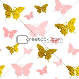 Seamless pattern with pink and golden butterflies