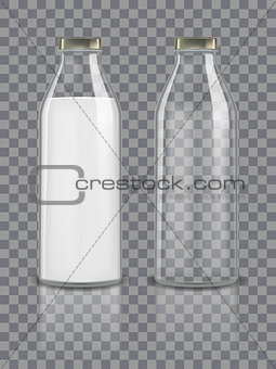 Glass traditional bottles mockup empty and with milk. Dairy product packaging isolated on transparent background. Healthy beverage glass bottle with milk drink. vector illustration