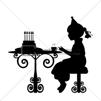 Silhouette girl drink tea with cake birthday