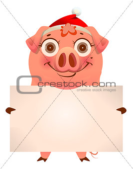 Funny pig in santa hat holding empty blank banner