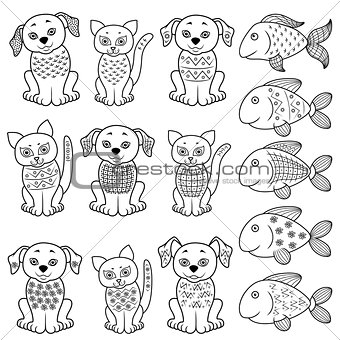 Set of cartoon cats, dogs and fishes