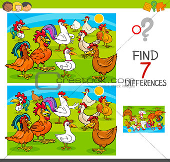 find differences game with chickens animal characters