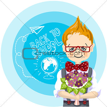 smile boy red glasses with bouquet flowers stand near blue background, with letters and paintings, back to school, white chalk, drawing airplane and globe with chalk on a blackboard