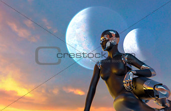 Cyborg Woman - Humanoid looking the sunset