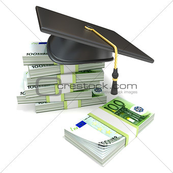 Education concept. Graduation cap on stack of euro bills. 3D
