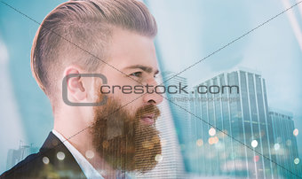 Businessman looks far for the future. Concept of innovation and startup. double exposure