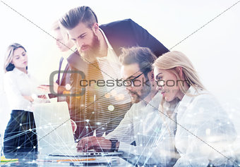 Businessman in office connected on internet network with network effects. concept of startup company. double exposure