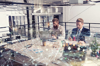 Business people that work together in office at the night with network effects. Concept of teamwork and partnership. double exposure