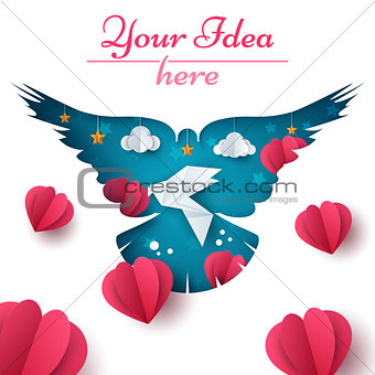 Dove illustration. Cartoon paper landscape. Heart, love, cloud, star icon.