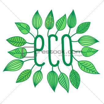 Green eco sign in with growing leaves, vector label and tag, ecological concept sticker