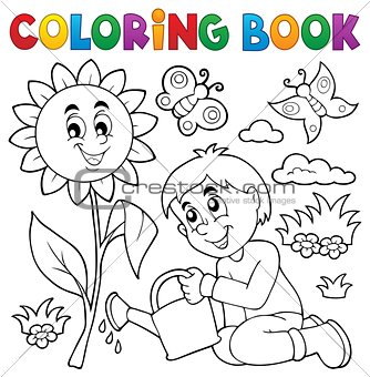 Coloring book boy gardening theme 1