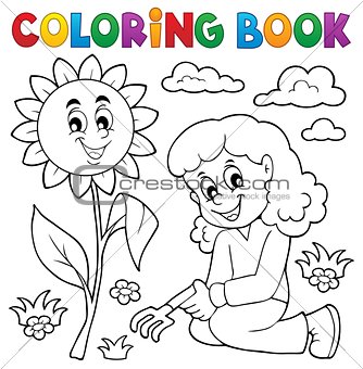 Coloring book girl gardening theme 1