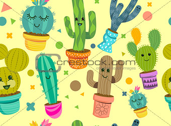 Cheerful Cactus Plants Seamless Pattern