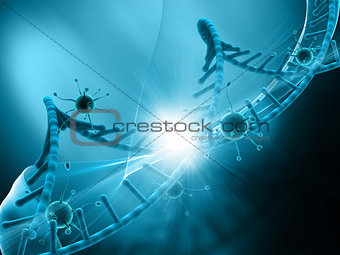 3D medical background with virus cells attacking a DNA strand