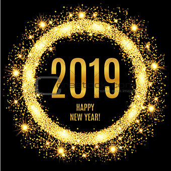 2019 Happy New Year glowing gold background.