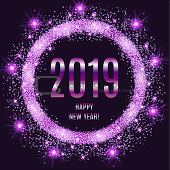 2019 Happy New Year glowing violet background.