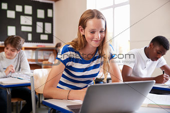 Female Pupil Sitting At Desk In Class Room Using Laptop