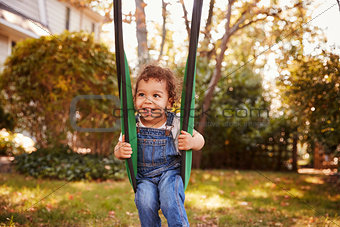 Happy Young Girl Playing On Garden Swing