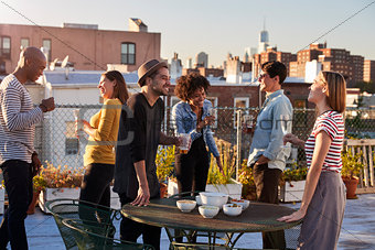 Friends stand talking at a party on a New York rooftop