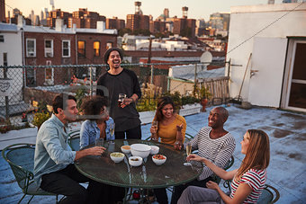 Six adult friends enjoying a party on a New York rooftop