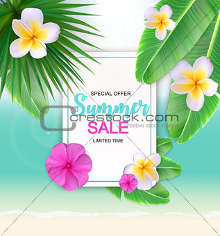 Summer Sale Cute Background with Flowers. Vector Illustration
