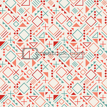 Vector Seamless Retro 80's  Jumble Geometric Line Shapes Blue Red Color Hipster Pattern on Grey Background