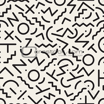 Vector Seamless Black and White Retro Jumble Geometric Line Shapes Hipster Pattern