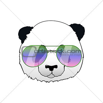 Hand drawn panda in sun glasses. Hipster vector panda bear illustration. Portrait with mirror sunglasses