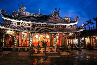 Dalongdong Baoan Temple on rainy night Tapei Taiwan