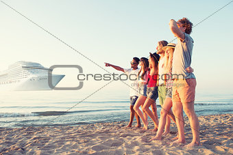 Group of happy friends having fun at ocean beach. Travel with cruiseship concept